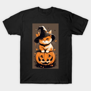 Cute Cat Wearing A Wizard Hat On A Pumpkin T-Shirt